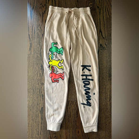 KEITH HARING ARTIST SIGNATURE DANCING PEOPLE BEIGE SWEATPANTS SIZE Small - Picture 1 of 5